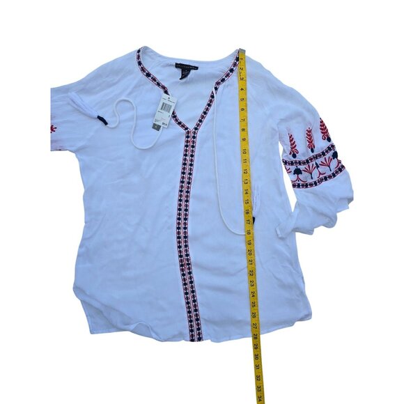 Grace Elements White Peasant Style Blouse With Embroidered Sleeves & Tassel Tie - Picture 5 of 5